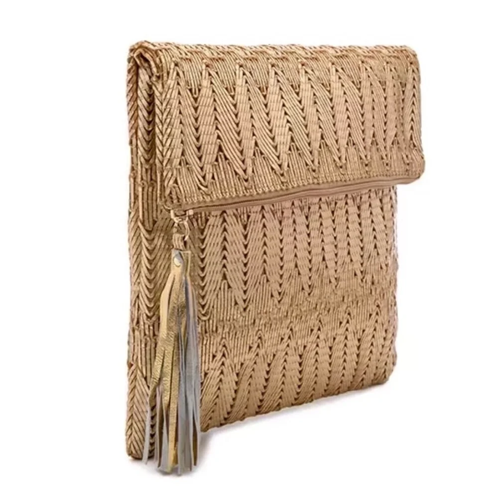 Ale By Alessandra La Pluma Gold Woven Clutch Purse Bag